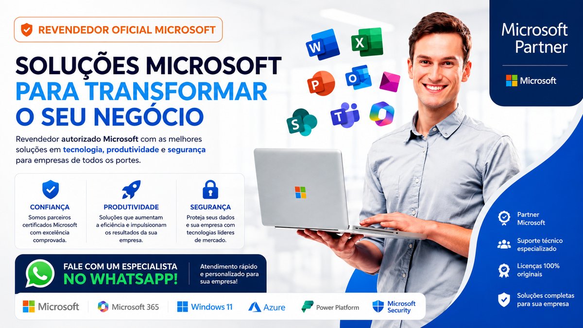 Banner das soluções Microsoft da Compusystems, revendedor oficial, com Microsoft 365, Windows 11, Azure, Power Platform e Microsoft Security